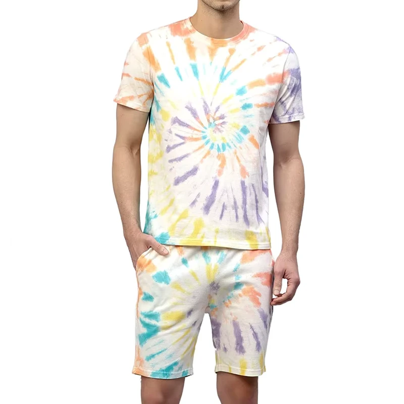 CHINEE-Mens-Tie-Dye-T-Shirt-and-Shorts-Set-Crew-Neck-Knitted-Cotton-Casual-Summer-Wear-Breathable-Fashion-Men-T-Shirt-and-Shorts-Set