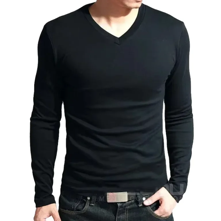 CHINEE-Mens-V-Neck-Long-Sleeve-T-Shirt-100-Cotton-Customizable-Solid-Color-Eco-Friendly-Brand-New