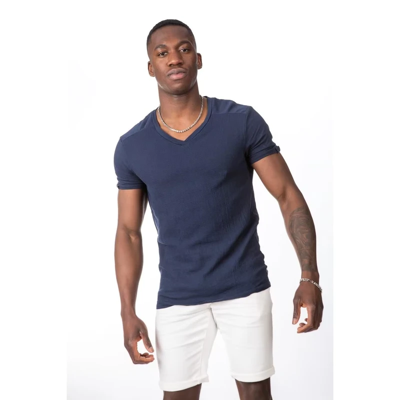 CHINEE-Mens-V-Neck-T-Shirt-Short-Sleeve-Slim-Fit-Solid-Color-Casual-Tee-EU