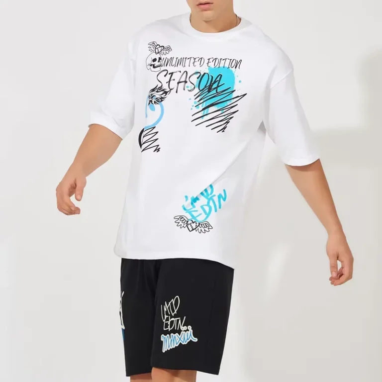 CHINEE-Mens-White-Crew-Neck-T-Shirt-With-Blue-Graphic-Print-Streetwear-Style-Summer-Casual-Top-Breathable-Cotton-Knitted-Fabric