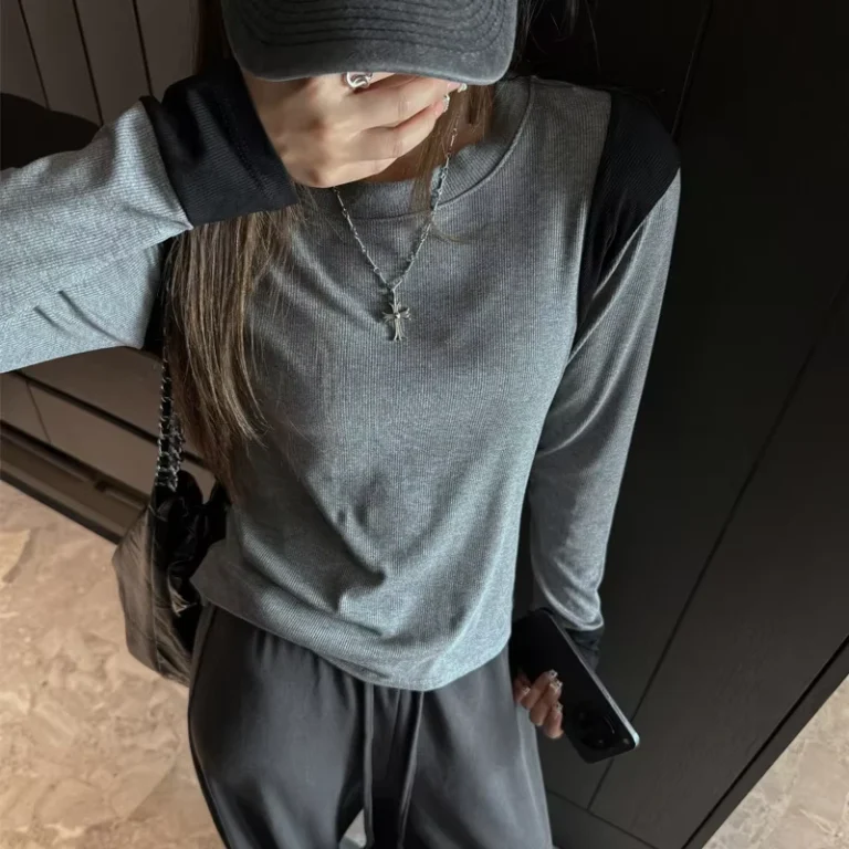 CHINEE-Modal-Casual-Thread-Contrast-Color-Round-Neck-Long-sleeved-Womens-Loose-Slimming-T-shirt-Outer-Wearing-Top