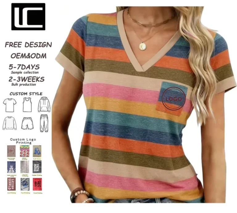CHINEE-Multicolor-Striped-V-Neck-T-Shirt-Cotton-Blend-200GSM-Custom-Logo-Pocket-Short-Sleeve-Casual-Summer-Basic-Tee-Womens-T-shirts