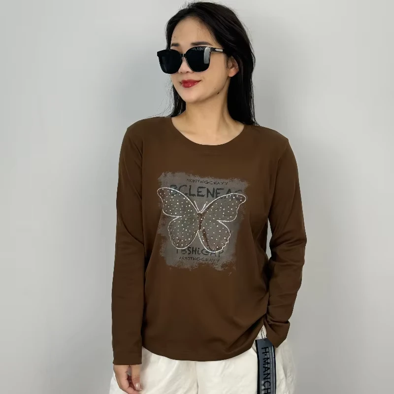 CHINEE-New-Casual-Fashion-Waist-Slim-Design-Versatile-Short-Tops-Hot-Drill-butterfly-Positive-Shoulder-Full-sleeved-T-shirt