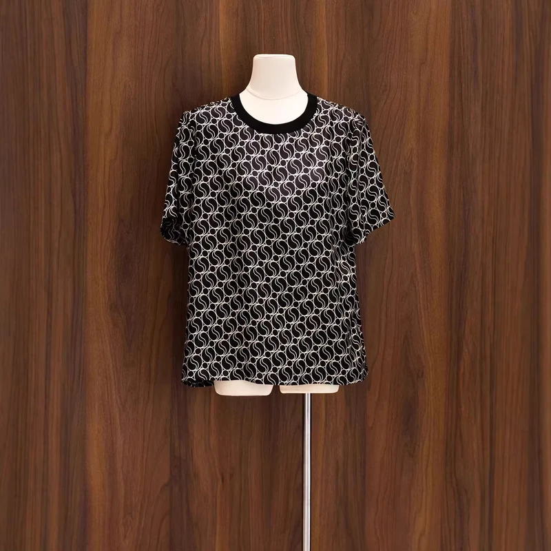 CHINEE-New-Casual-Short-sleeved-Silk-T-shirt-Womens-Summer-Twill-Crew-Neck-Geometric-Pattern-Printed-Fashionable-100-Mulberry