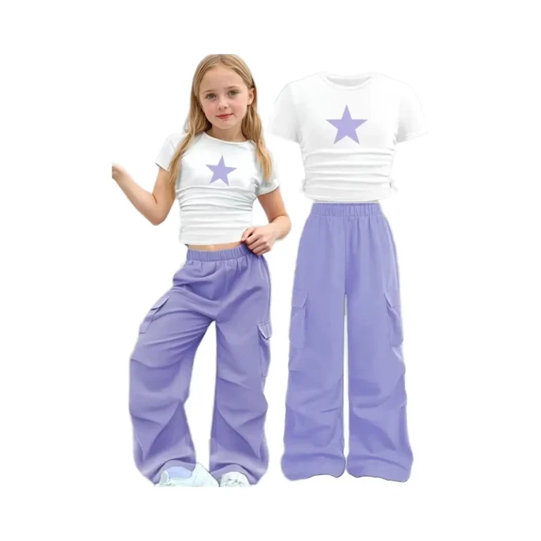 CHINEE-New-Customized-Color-Two-piece-Set-Five-pointed-Star-Solid-Girls-Fashion-Casual-Neck-Long-Sleeve-Slim-T-shirt-Wide-leg-Pants