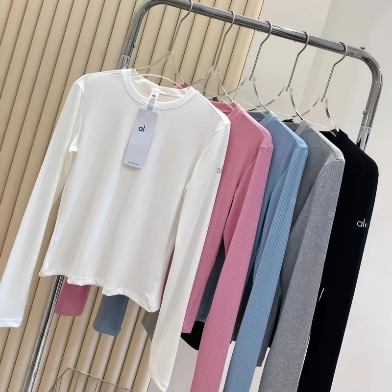 CHINEE-New-Design-AL-Spring-Summer-Women-Solid-Color-Threaded-Long-Sleeve-T-shirt-Yoga-Pilates-Elastic-Slimming-Sports-Base-Shirt