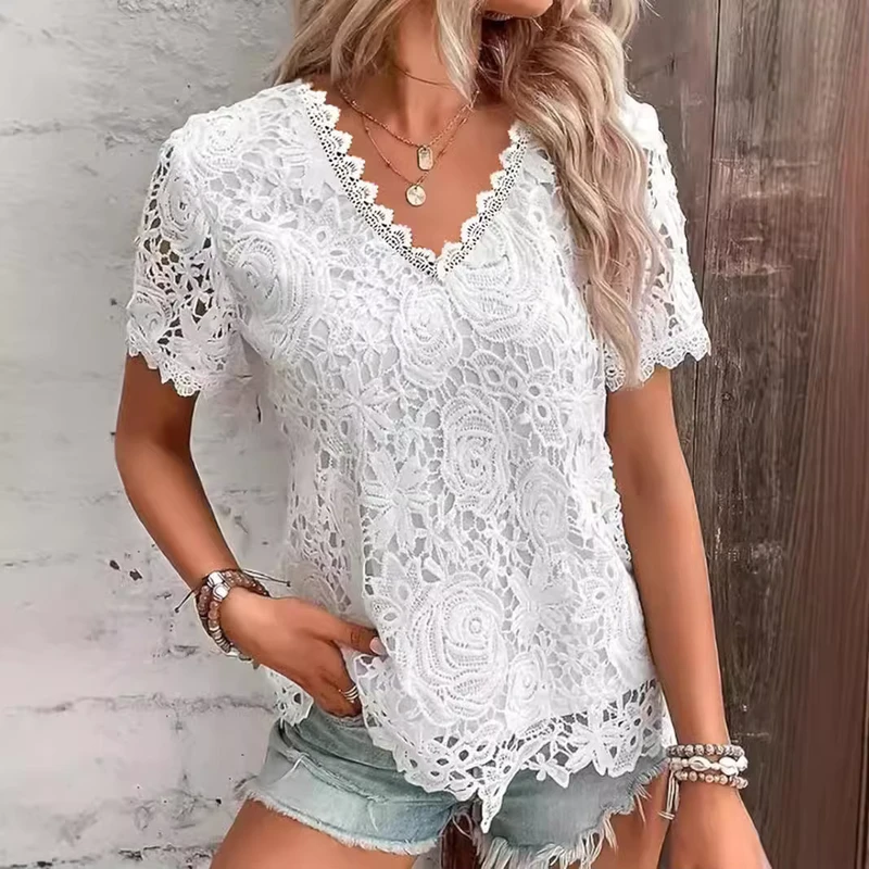 CHINEE-New-European-Womens-Fashion-Top-T-Shirt-Lace-Lace-Short-Sleeve-Womens-Clothing