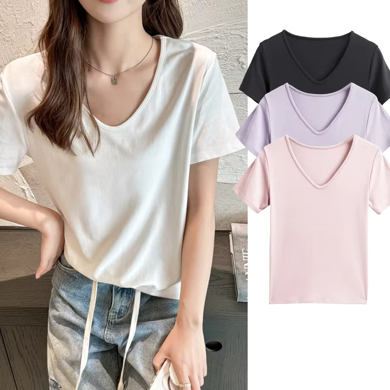CHINEE-New-Loose-V-Neck-Straight-Shoulder-Short-Sleeve-Sweet-T-Shirt-Women-Summer-Plus-Size-Top-Sophisticated-Design