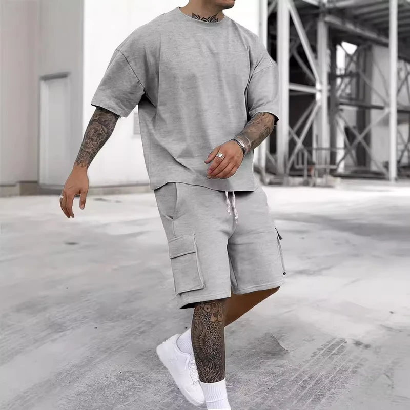 CHINEE-New-Mens-Summer-Sports-Breathable-Printed-Two-Piece-Suit-Fashionable-Loose-Casual-Vintage-Short-Sleeved-T-Shirt-Shorts