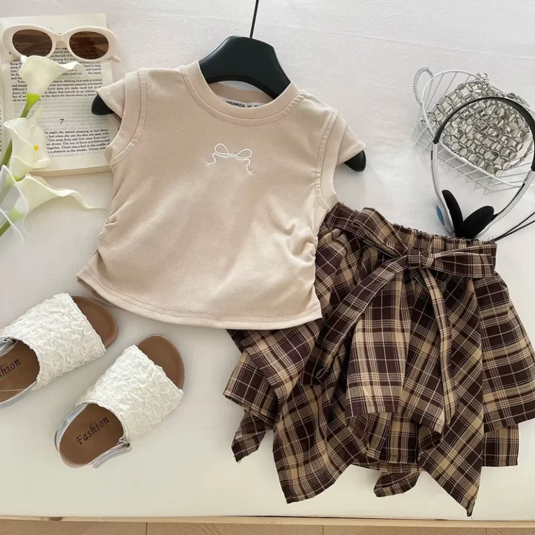 CHINEE-New-Summer-Girls-Joker-Khakchi-Casual-Girl-Sets-Short-Sleeve-T-Shirt-Bow-Plaid-Skirt