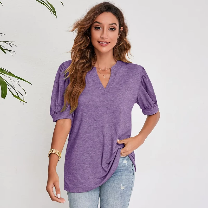 CHINEE-New-Womens-Casual-Style-Cotton-T-Shirts-Custom-Logo-Loose-Fit-Solid-Color-Short-Puff-Sleeve-V-Neck-Breathable-Factory