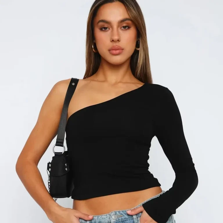 CHINEE-New-Womens-One-Shoulder-Long-Sleeve-T-Shirt-Solid-Color-Slim-Fit-Pullover-Basic-Top