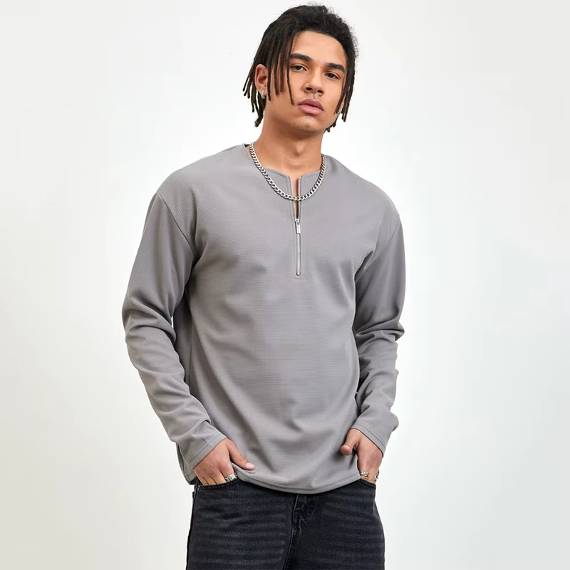 CHINEE-OEM-Custom-Casual-Streetwear-Solid-Color-Half-Zipper-Long-Sleeved-Breathable-Waffle-Knit-T-shirt-for-Men