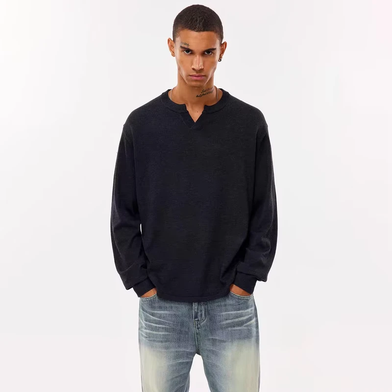 CHINEE-OEM-Custom-New-Arrival-Autumn-American-Casual-Style-Comfortable-Skin-friendly-V-Neck-Long-Sleeve-T-shirt-for-Men