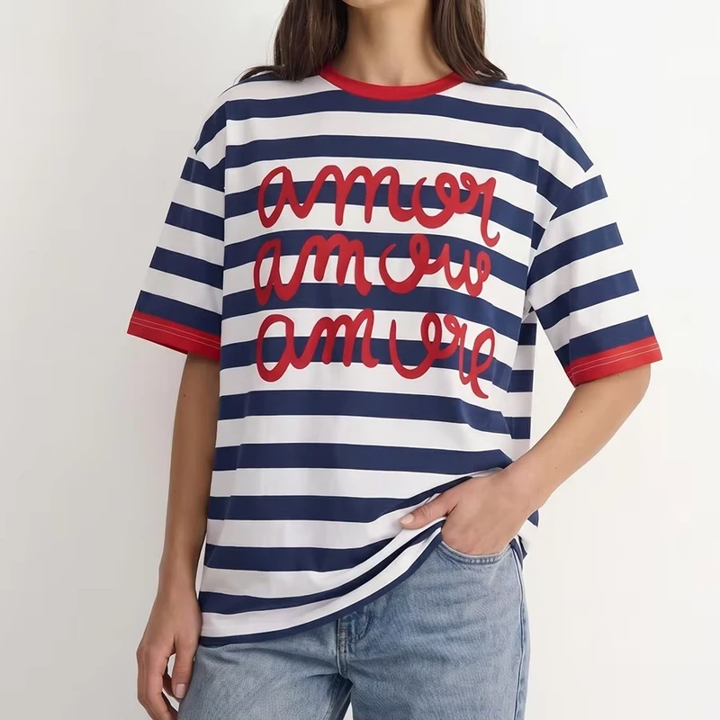 CHINEE-OEM-Custom-Premium-Cotton-Loose-Fit-Short-Sleeve-French-Style-Tee-with-Classic-Navy-Striped-Print-Fashion-Womens-T-Shirt