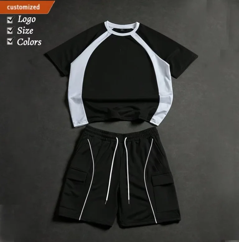 CHINEE-OEM-Men-Summer-Terry-Cotton-T-Shirt-and-Shorts-Set-Casual-Fashion-Streetwear-Two-Piece-Outfit-Gym-Fitness-Jogging-Sportswear