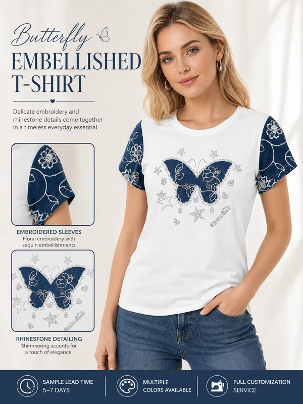 CHINEE-OEM-ODM-Manufacturer-100-Cotton-Womens-T-Shirts-with-Denim-Sleeves-Slim-Fit-Boutique-Italian-Style