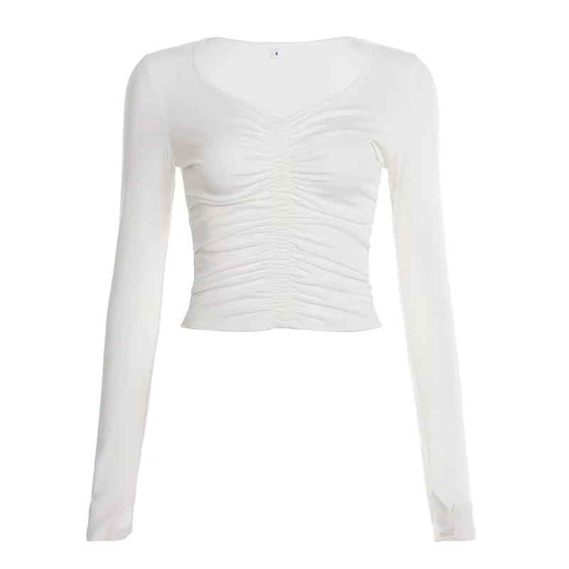 CHINEE-OEM-ODM-Simple-Casual-Style-Waist-cinching-Slimming-V-Neck-Ruched-Top-American-Street-Style-Basic-Versatile-Long-Sleeve-T-Shirt
