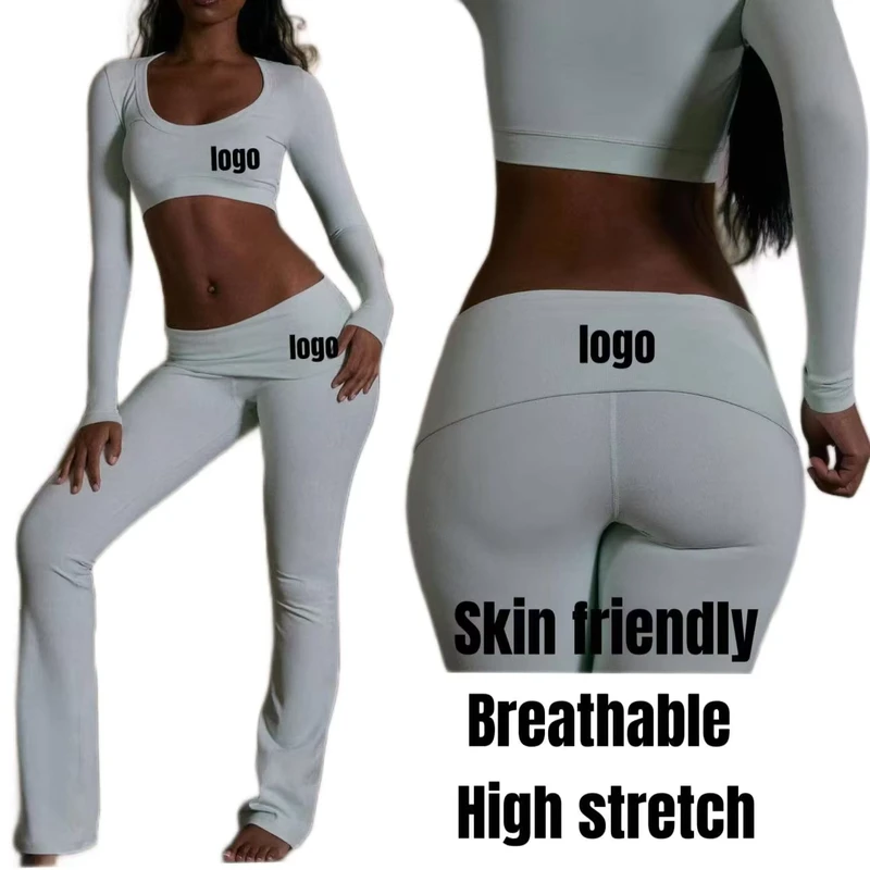 CHINEE-OEM-Womens-Solid-Casual-Spring-Two-Piece-Set-Long-Sleeve-T-shirts-and-Fold-Over-Waistband-Long-Pants-Clothing-Manufacturers