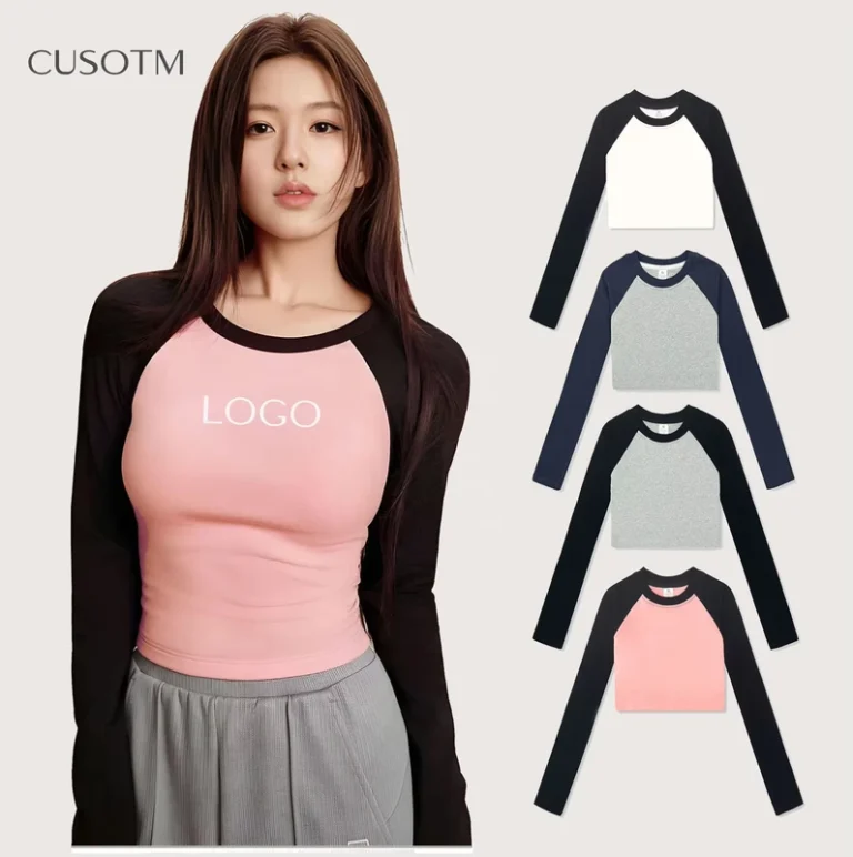 CHINEE-Patchwork-Contrast-Womens-Boxy-Long-Sleeve-Corp-220-GSM-Womens-Sexy-Slim-T-shirt-Custom-logo-Puff-Print-Crew-Neck-Long-Sleeved