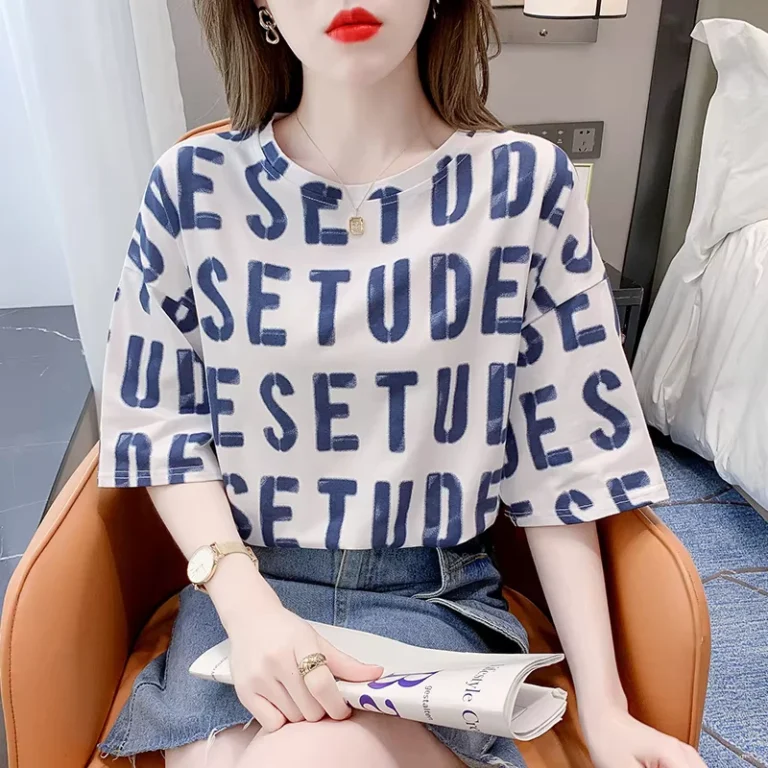 CHINEE-Peruvian-Short-Womens-T-shirt-with-Letter-Print-Loose-Fashion-Womens-Top-Round-Neck-Versatile-Clothing