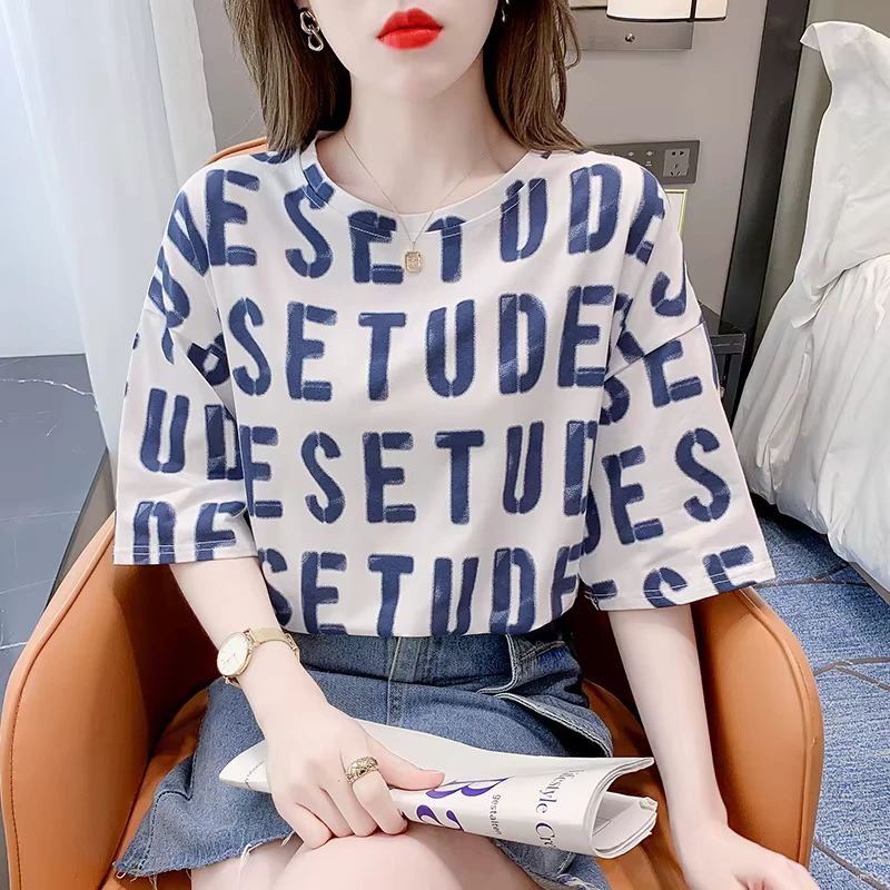 CHINEE-Peruvian-Short-Womens-T-shirt-with-Letter-Print-Loose-Fashion-Womens-Top-Round-Neck-Versatile-Clothing