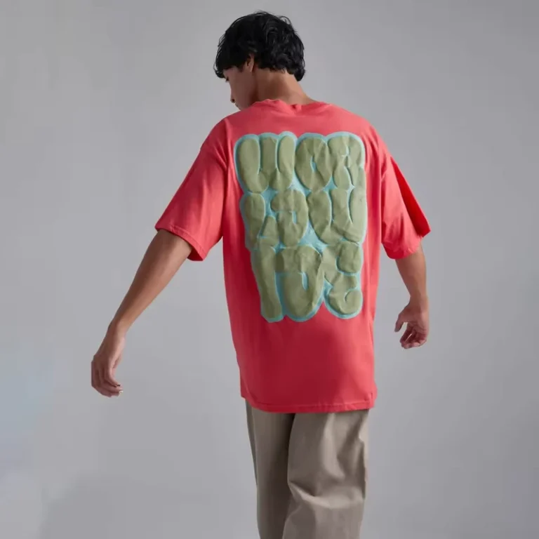 CHINEE-Pink-Oversized-T-Shirt-WORLDWIDE-Green-Bubble-Letter-Puff-Print-Tee-Urban-Streetwear-Graphic-Heavy-Cotton-Top-for-Men