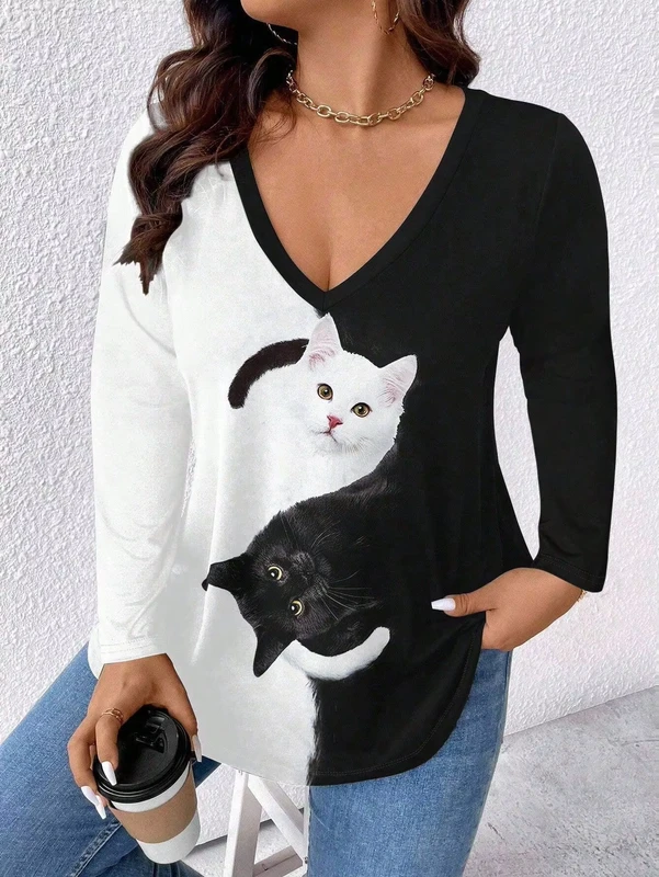 CHINEE-Plus-Size-Womens-Casual-Autumn-V-Neck-Polyester-Top-Cat-Fashion-Printed-Black-and-White-Color-Block-Long-Sleeve-T-shirt