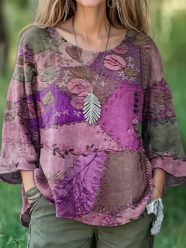 CHINEE-Premium-Womens-New-Spring-Summer-Fashion-Boho-Patchwork-Floral-Print-Breathable-Soft-T-shirt-3-4-Sleeve-Loose-Casual-Tunic-Top