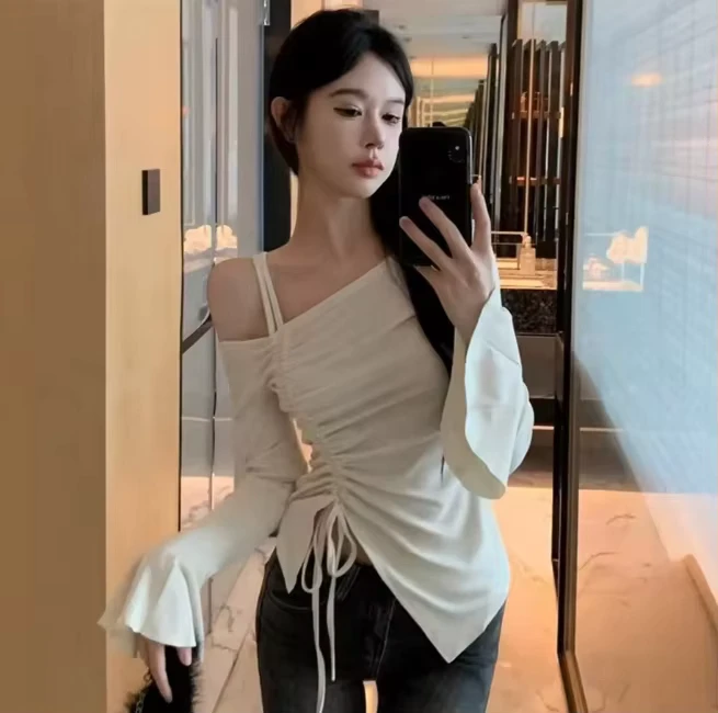 CHINEE-Pure-Desire-Irregular-Fashion-Hot-Girl-Tight-Top-Womens-Spring-and-Autumn-Lotus-Leaf-Sleeve-Waist-Shoulder-Base-Shirt