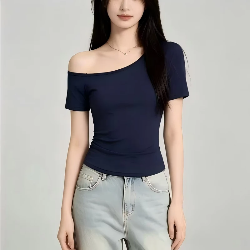 CHINEE-RUICHI-Summer-Asymmetrical-Off-Shoulder-Tee-for-Women-230GSM-Slim-Fitted-Ruched-Waist-Design-Short-Sleeve-T-Shirt