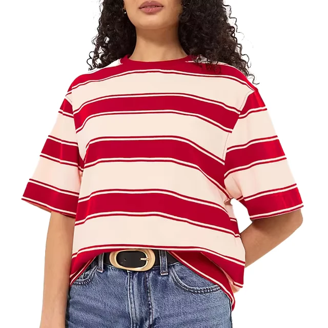 CHINEE-Red-Striped-Breathable-Summer-Casual-Knitted-Crew-Neck-T-shirt