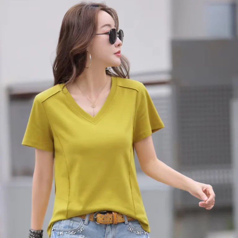 CHINEE-Regular-Fit-Women-V-Neck-Tops-95-Cotton-5-Spandex-Women-Stretch-T-Shirt