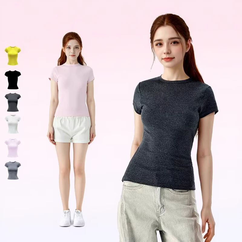 CHINEE-Reliable-Supplier-Custom-Logo-Set-in-Sleeve-Waist-Cinching-Slim-Fit-Ribbed-Knit-Soft-Breathable-O-Neck-Summer-Women-T-Shirt