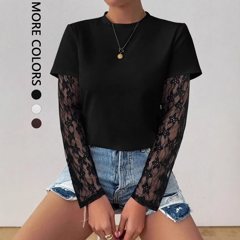 CHINEE-Round-Neck-Lace-Splicing-Long-Sleeve-T-shirt-Slim-Fit-Design-Base-Layer-Top-Casual-Womens-Clothing