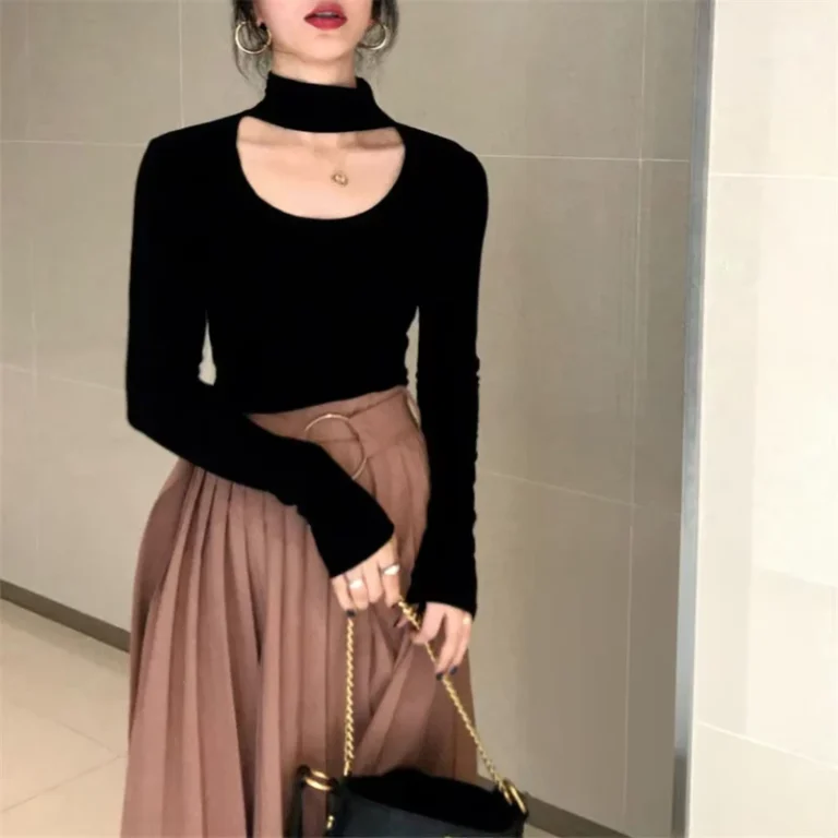CHINEE-Sexy-Black-High-Neck-Long-Sleeved-Vintage-Solid-T-shirt-Breathable-Slim-Fit-Womens-Underwear-Shirt-Top-for-Spring-Autumn-Winter