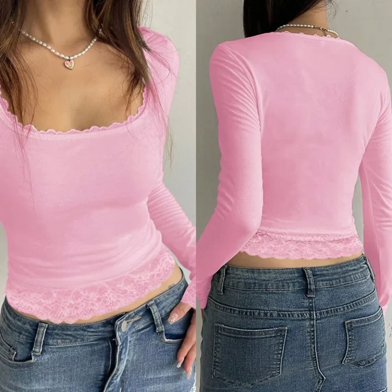 CHINEE-Sexy-U-Neck-Lace-Stitching-Slim-Fit-Long-Sleeve-T-Shirt