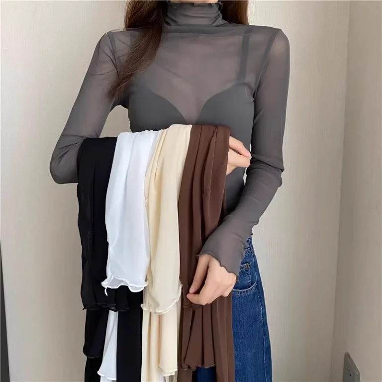 CHINEE-Sexy-Women-T-Shirt-See-Through-Transparent-Mesh-Tops-Long-Sleeve-Sheer-Slim-Ladies-Solid-Turtleneck-Silk-T-Shirt-Lace-Crop-Top