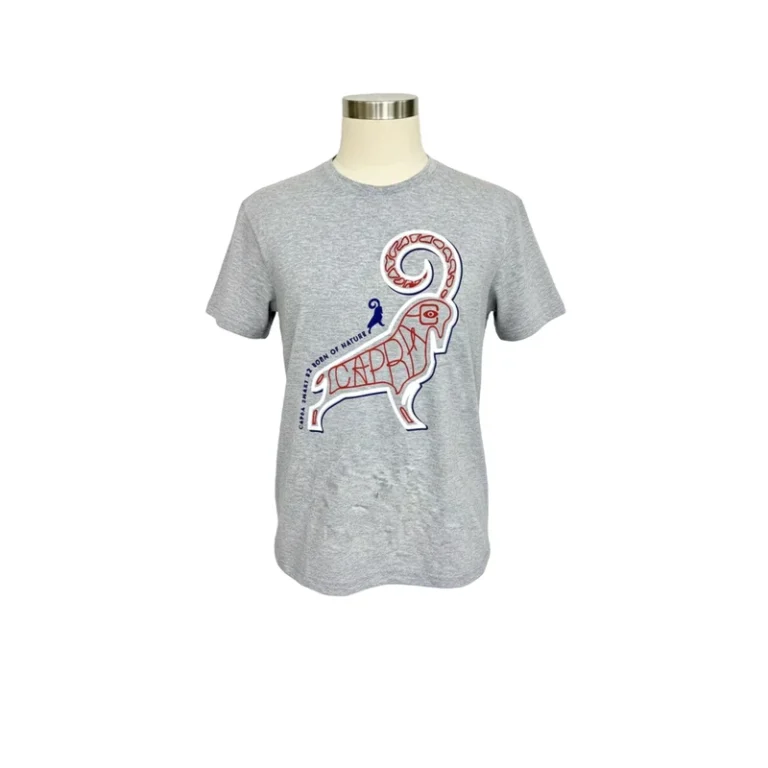 CHINEE-Short-sleeved-crew-neck-T-shirt-made-from-TC-no.34S-J150-160gsm-fabric-in-gray-with-a-printed-design-on-the-front