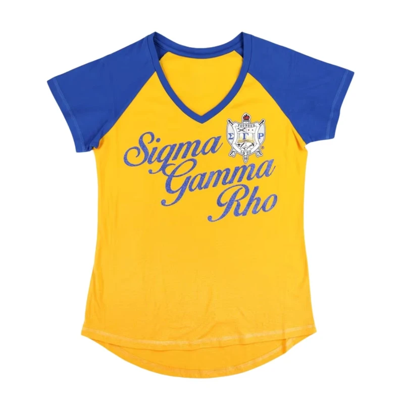 CHINEE-Sigma-Gamma-Rho-SGRho-V-Neck-Tee-Gold-Royal-Blue-100-Cotton-Printed-Script-Embroidered-Crest-Sorority-Greek-Life-Shirt