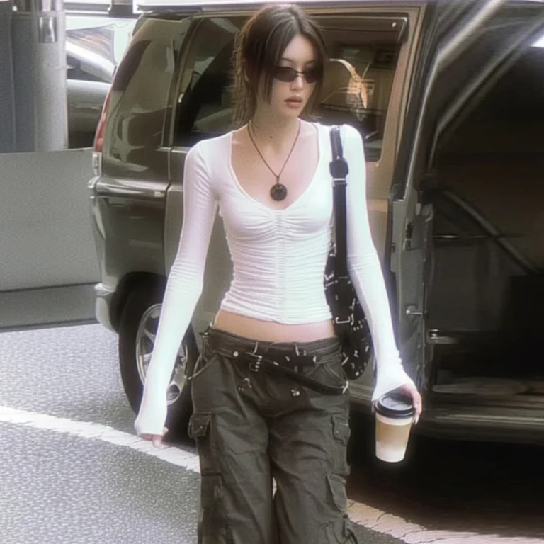 CHINEE-Simple-Casual-Style-Waist-cinching-Slimming-V-neck-Ruched-Top-American-Street-Style-Basic-Versatile-Long-sleeve-T-shirt