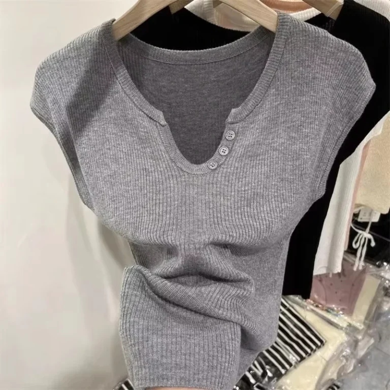 CHINEE-Sleeveless-V-Neck-Knitted-Mens-T-Shirt-Solid-Gray-Slim-Fit-Casual-Wear