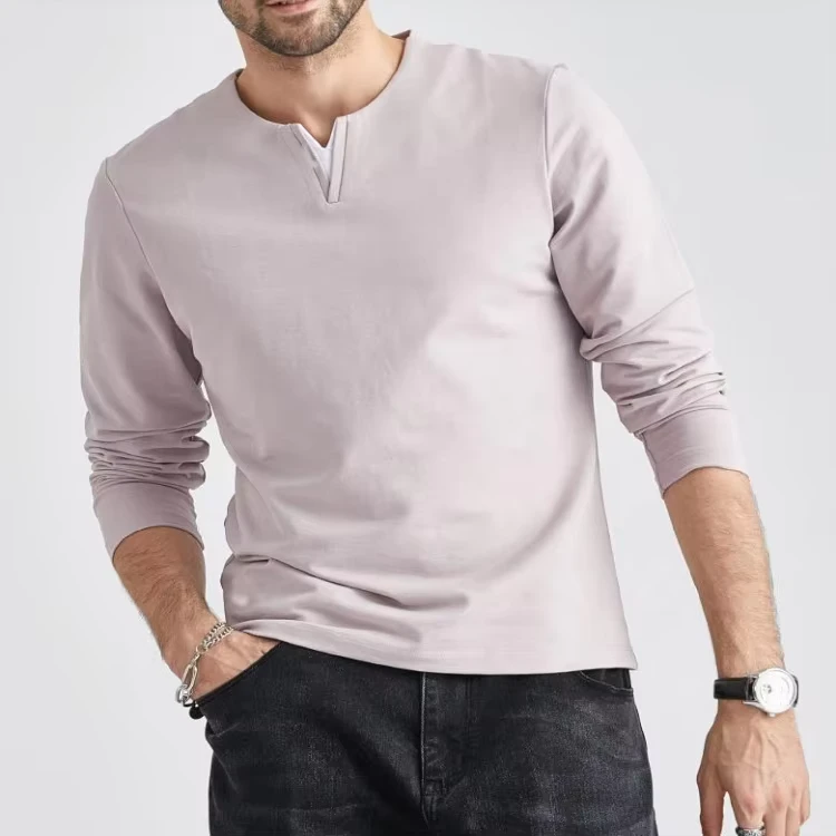 CHINEE-Soft-Cotton-Long-Sleeve-T-Shirt-Gym-V-neck-Men-Light-Pink-Long-Sleeve-T-Shirt-in-Bulk