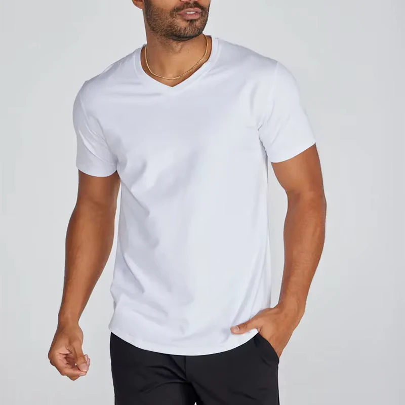 CHINEE-Soft-Pima-Cotton-V-neck-Curved-Hem-Regular-Fit-Summer-Anti-shrink-T-shirt-White-Black-Tops