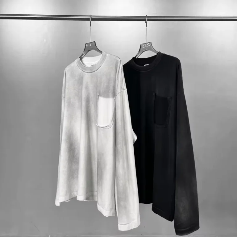 CHINEE-Solid-Blank-Cotton-Long-Sleeve-T-Shirt-for-Men-Loose-Fit-25g-Waste-Soil-Wind-Damage-Spray-Horse-Monkey-Design