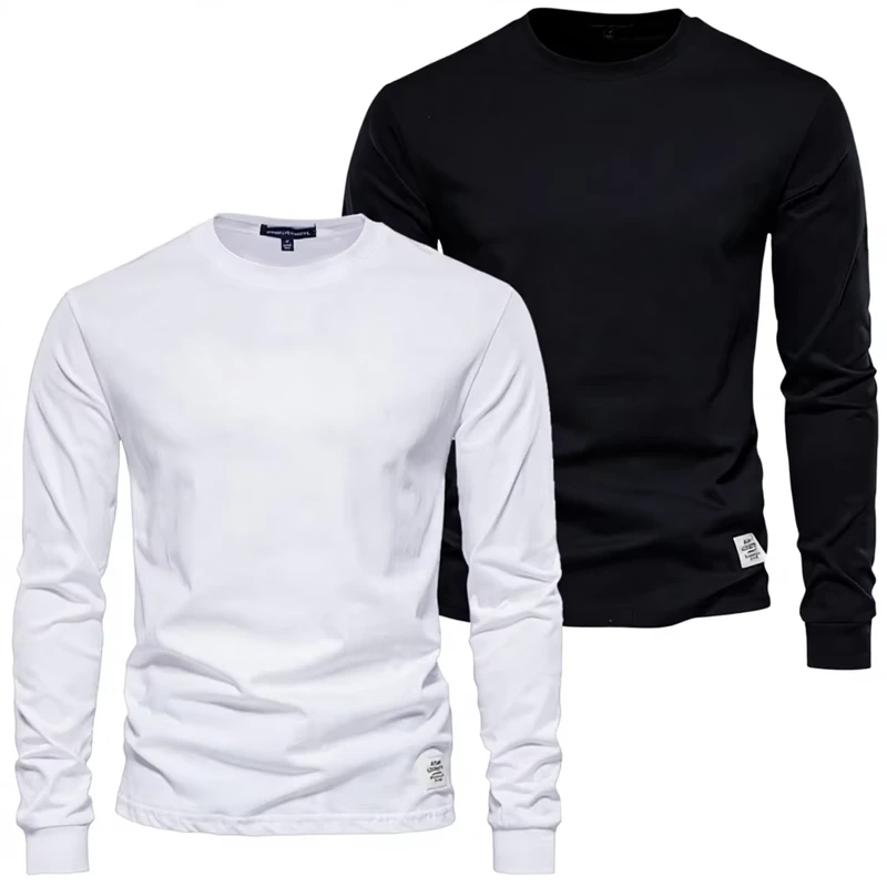 CHINEE-Solid-Color-Mens-T-shirt-Casual-Long-sleeve-Pure-Cotton-Base-Shirt-Versatile-Spring-Autumn-Round-neck-White-Heavyweight
