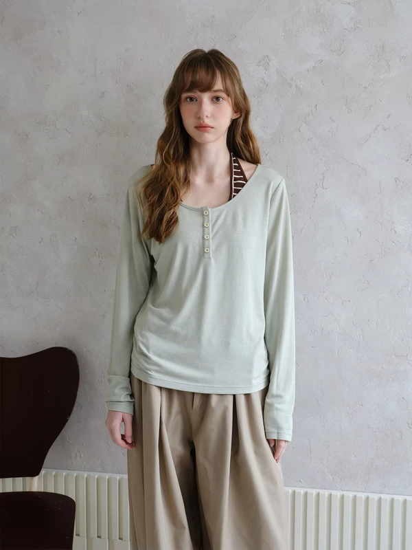 CHINEE-Solid-Light-Blended-Long-Sleeve-T-shirt-Hanging-Neck-Base-Two-Piece-Set-for-Madam-Spring