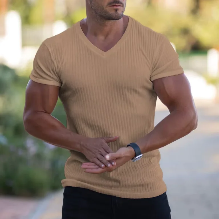 CHINEE-Solid-Mens-Casual-V-Neck-Slim-Fit-T-Shirt-100-Polyester-Woven-Yarn-Dyed-Quick-Dry-Breathable-Short-Sleeve