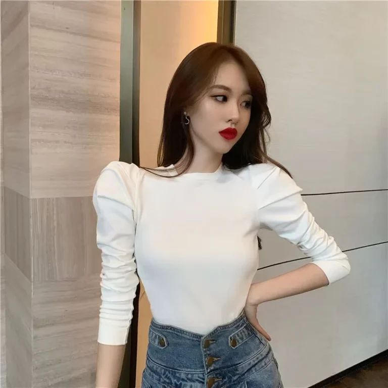CHINEE-Solid-Washed-Spring-Autumn-Puffed-Sleeves-Long-Sleeves-T-shirt-Women-Slim-fitting-Regular-Fit-Round-neck-Top