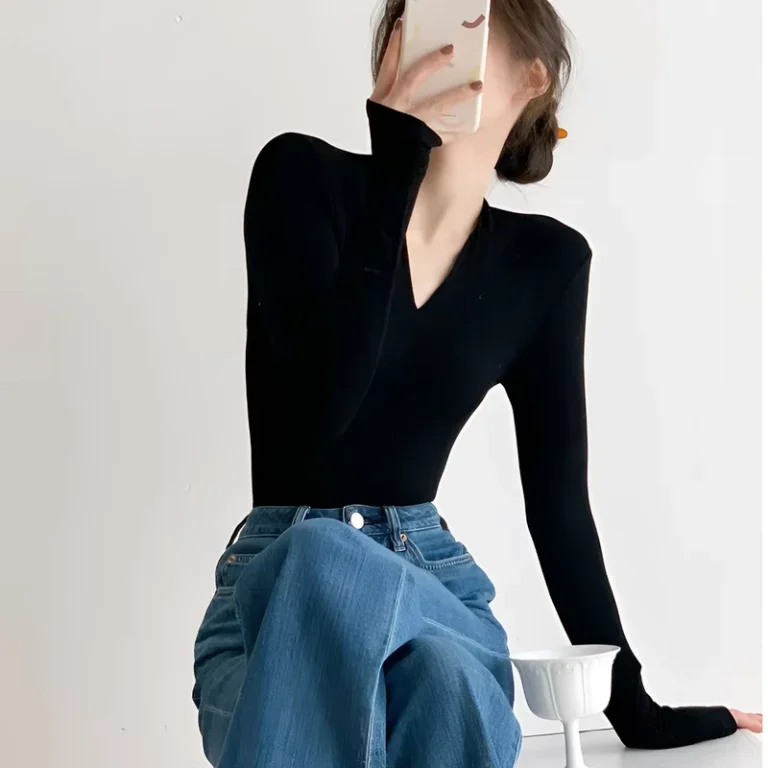 CHINEE-Spicy-Girl-Sexy-Office-Lady-V-neck-Solid-Washed-Breathable-Base-Shirt-Autumn-Winter-Black-Long-Sleeved-T-shirt-for-Women-Slim